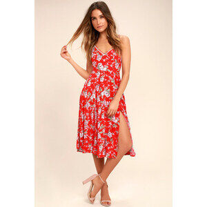 Lulus Esperanza Red Floral Print Midi Dress - Size S